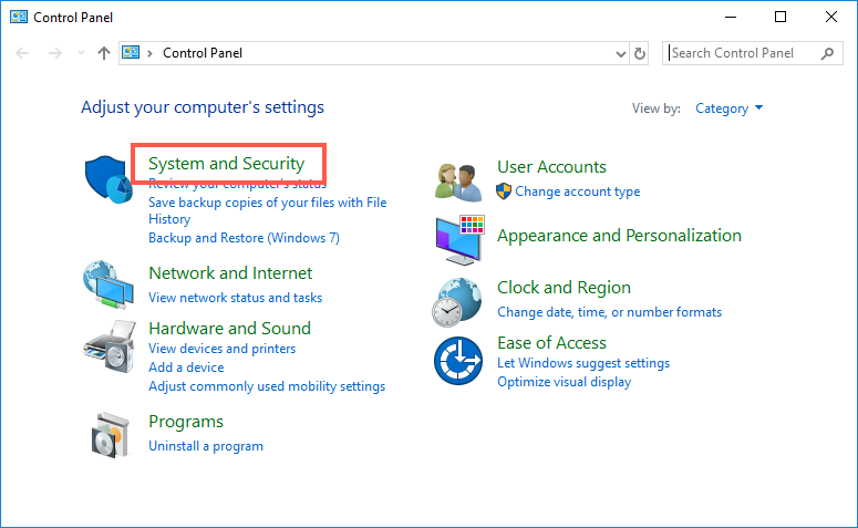 Access System and Security Settings from Control Panel