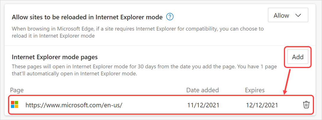 Add Internet Explorer Mode Pages