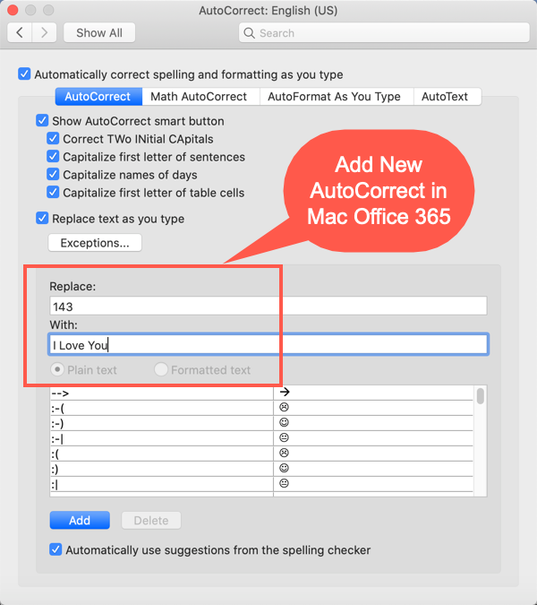 Add New AutoCorrect in Office 365 Mac