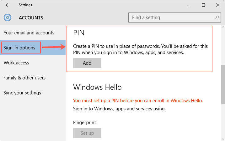 Add PIN in Windows 10
