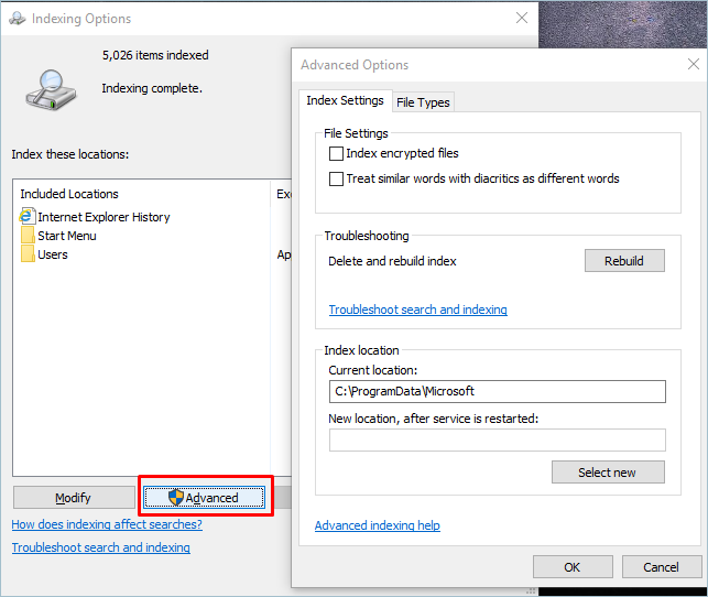 Advanced Options to Add Encrypted Files in Windows Search