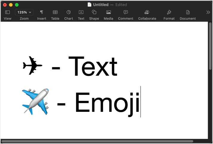Airplane Text and Emoji Symbols in Mac Pages