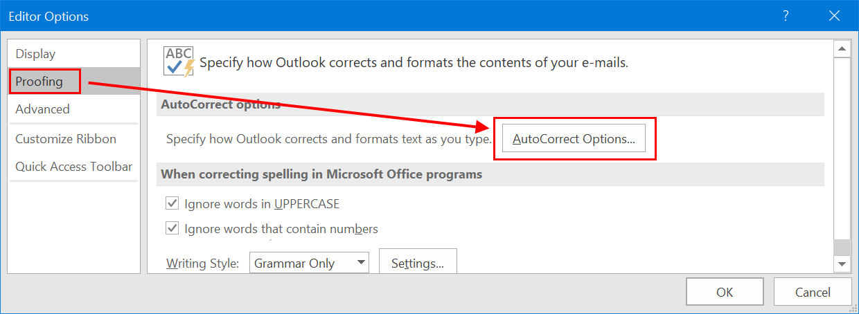 AutoCorrect Options in Outlook
