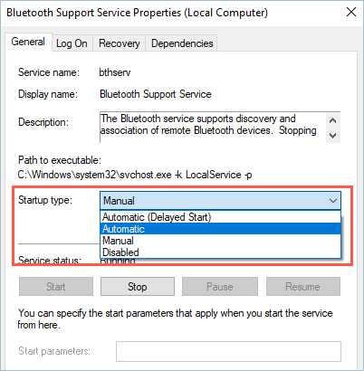 Set Automatic Startup Type for Bluetooth Service