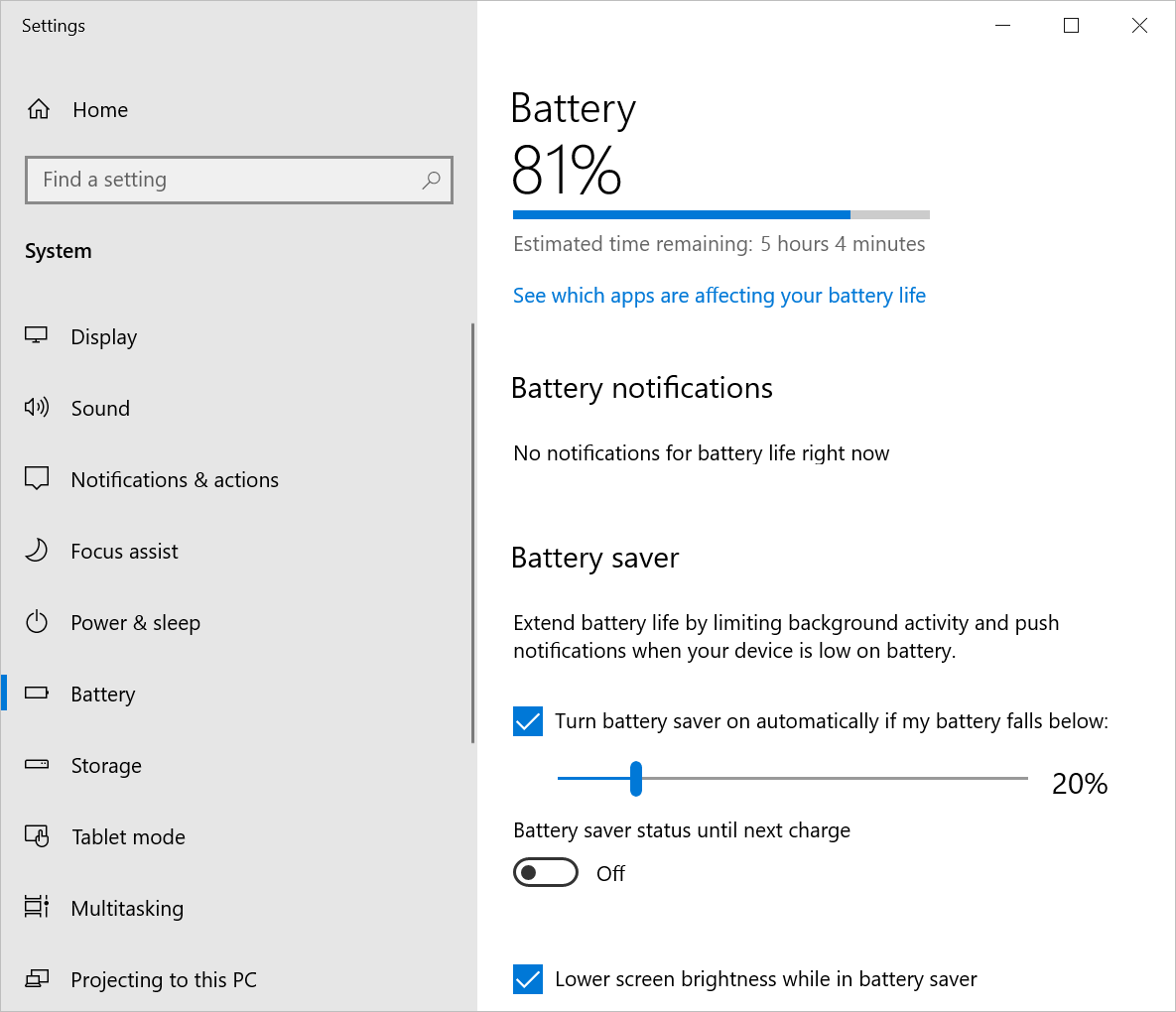 Battery Settings in Windows