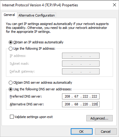 Change OpenDNS in Windows