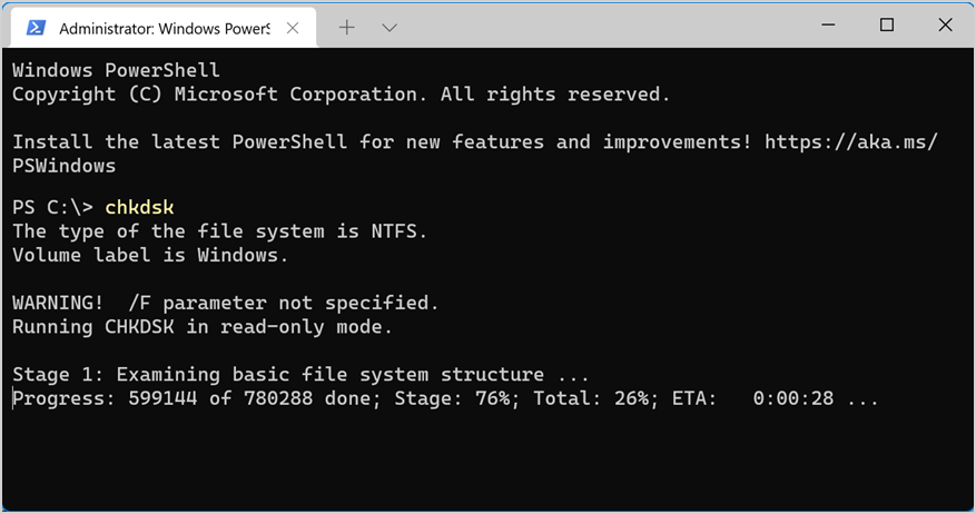 Check Disk is Running in PowerShell
