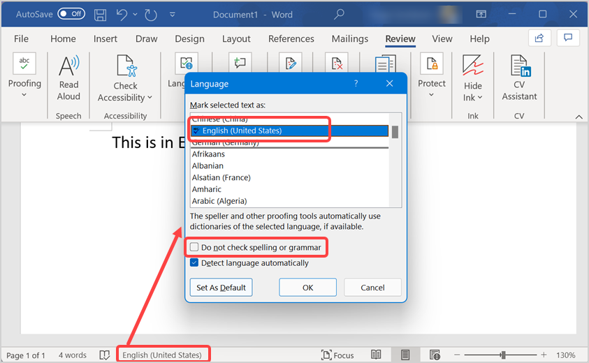 Check Language and Spell Check Option