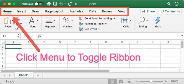 Click Menu to Toggle Ribbon in Excel Mac