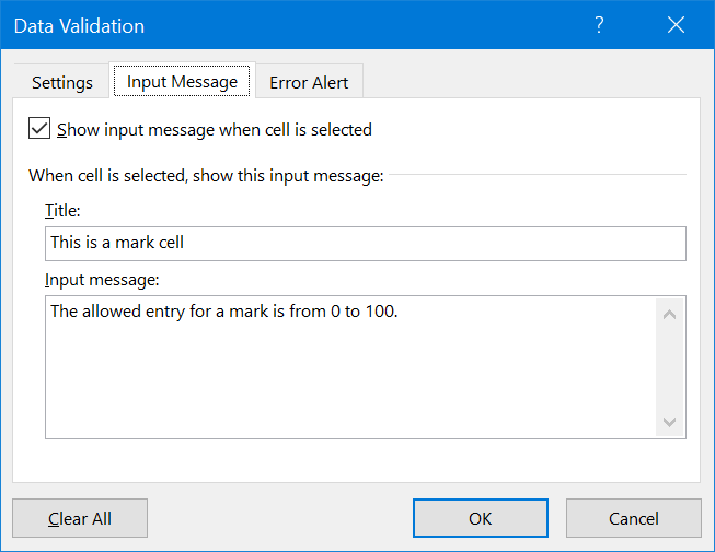 Data Validation Input Message