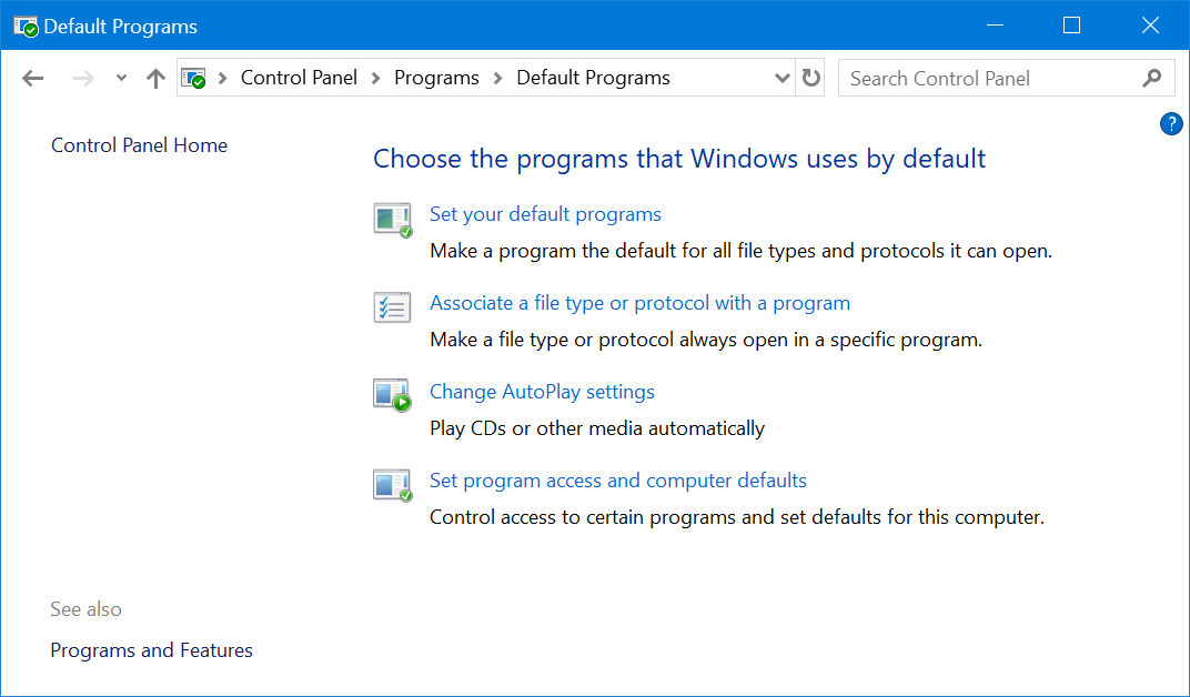 Default Programs Settings from Control Panel