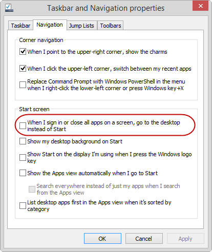Enable Direct Desktop Access in Windows 8