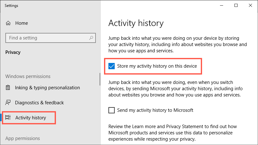 Disable Activity History in Windows
