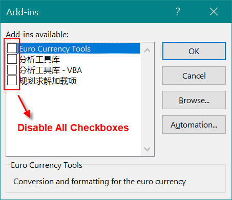 Disable Add-ins in Excel