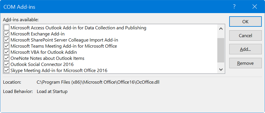 Disable Add-ins in Outlook