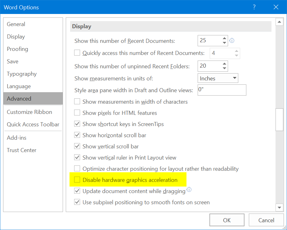 Disable Hardware Acceleration in Word