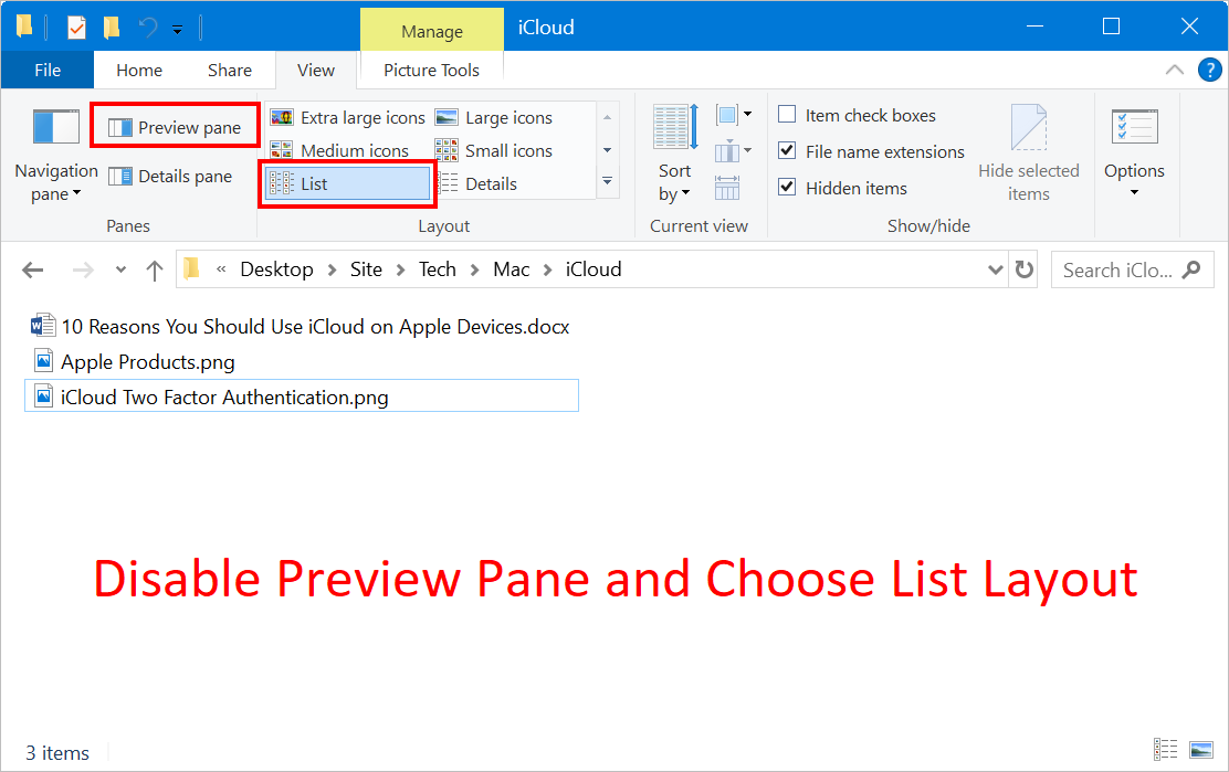 Disable Preview Pane and Choose List Style