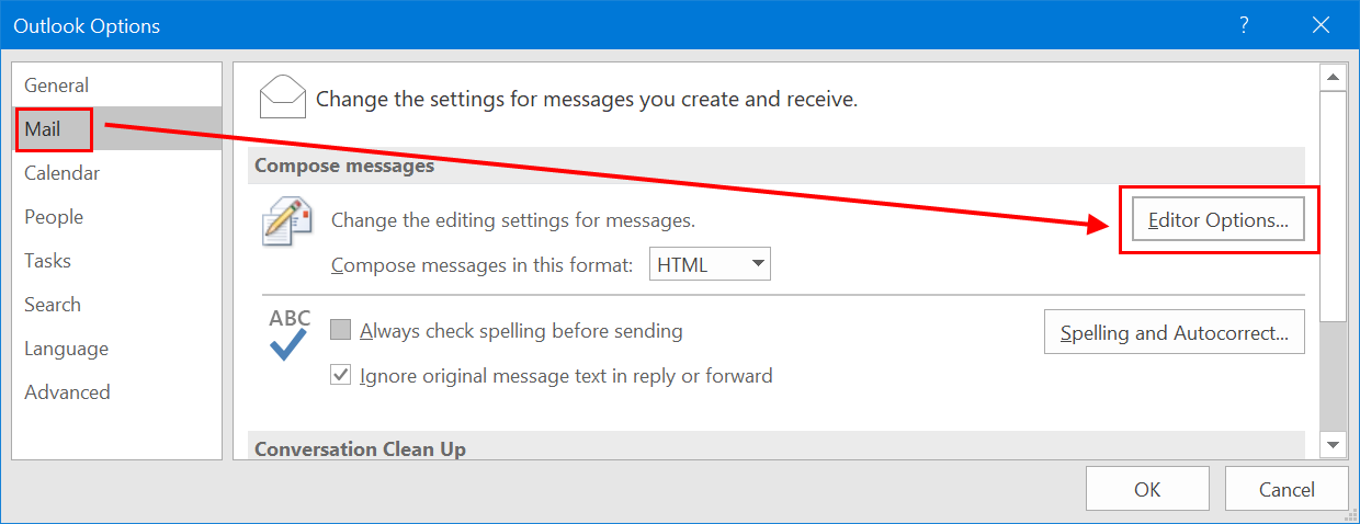 Editor Options in Outlook