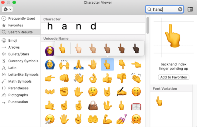 Emoji Hands Symbol in Mac Character Viewer
