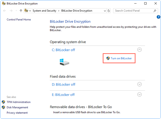 Enable BitLocker in Windows 10