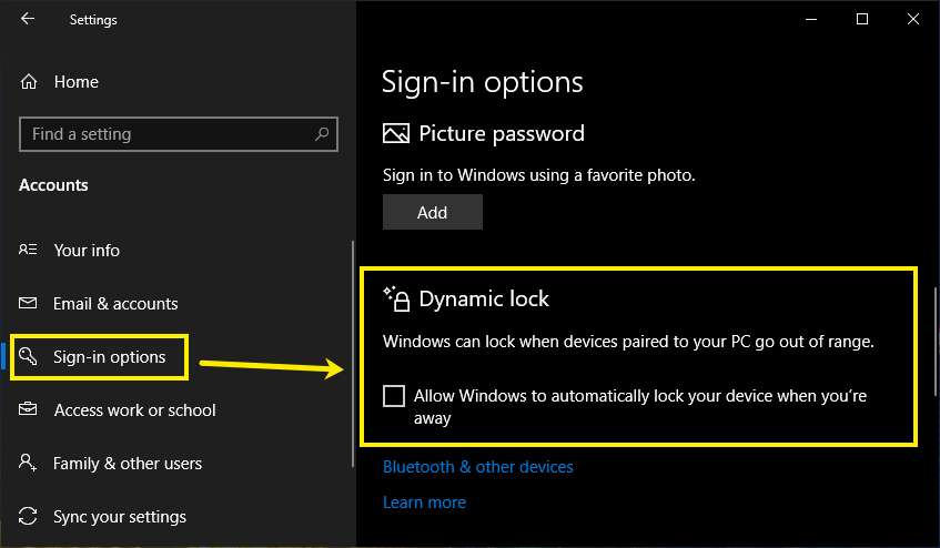 Enable Dynamic Lock in Windows 10