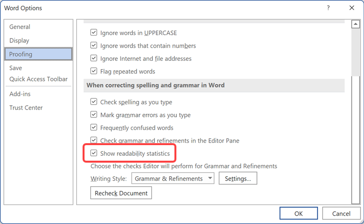Enable Redability Statistics in Word