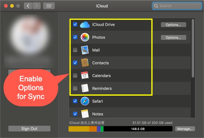 Enable iCloud Options for Sync in Mac