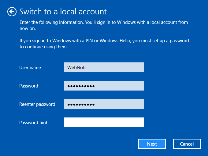 Enter Local Account Details