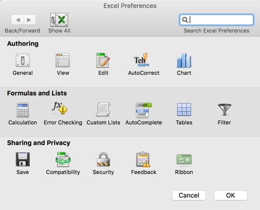Excel Preferences in MacBook