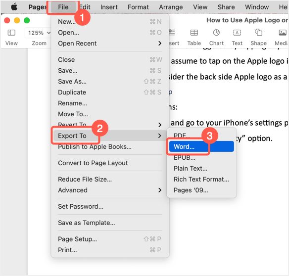 Export Pages to Word Document in Mac