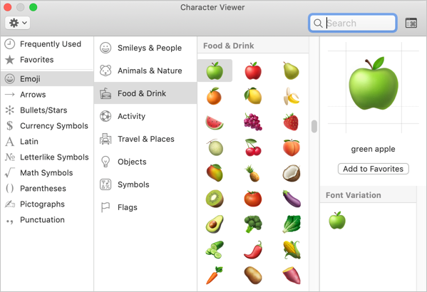 Food and Drinks Emoji Symbols in Mac