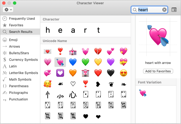 Heart Symbols in Mac Character Viewer
