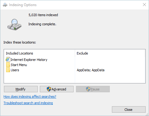 Indexing Options Panel in Windows 10
