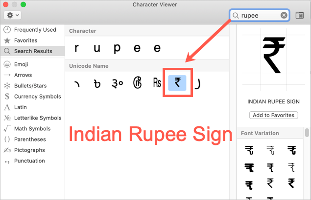Indian Rupee Symbol in Mac
