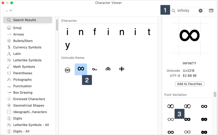 Infinity Symbol in Character Viewer