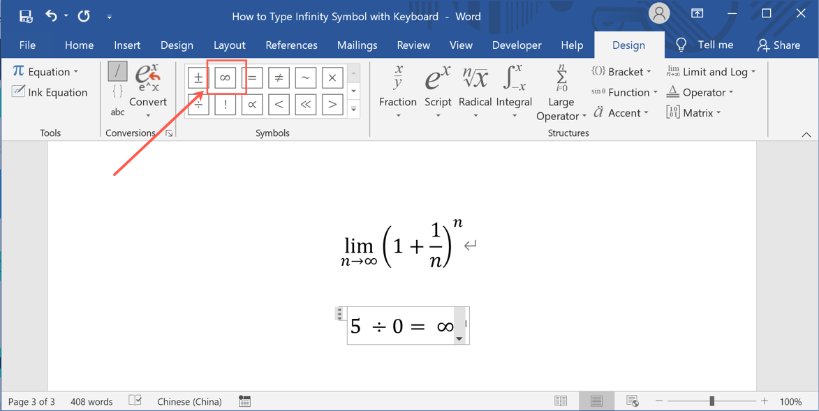 Infinity Symbol in Equation Editor