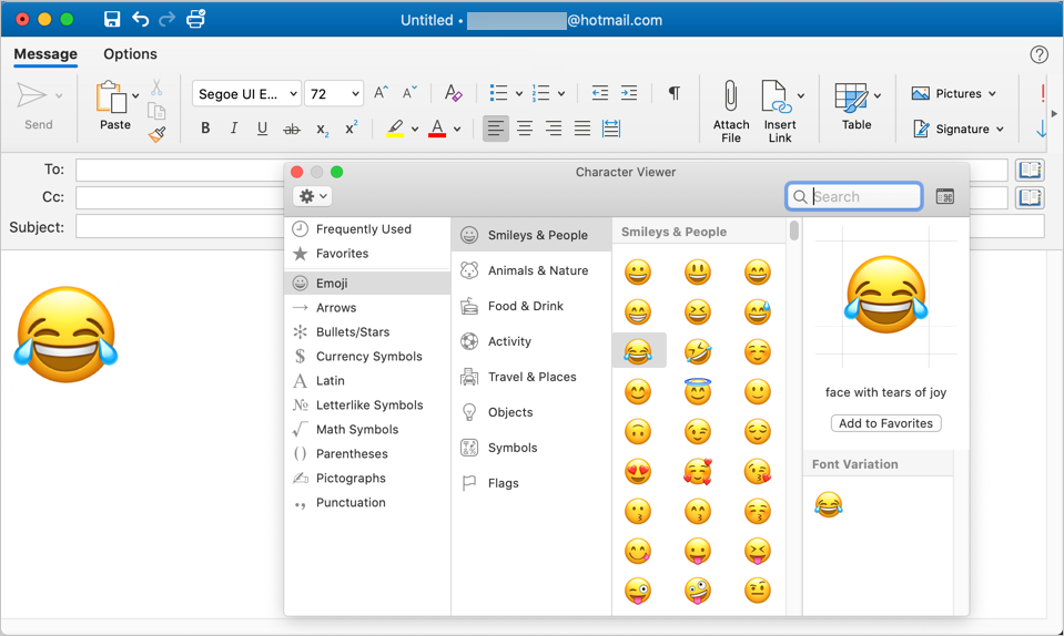 Insert Emoji with Character Viewer in Outlook Mac