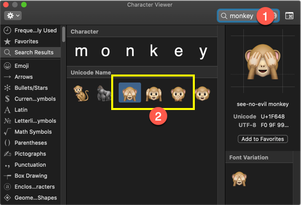 Insert No-Evil Monkey Symbols in Mac