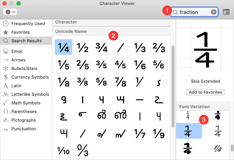 Inserting Fraction Numbers from Character Viewer Mac
