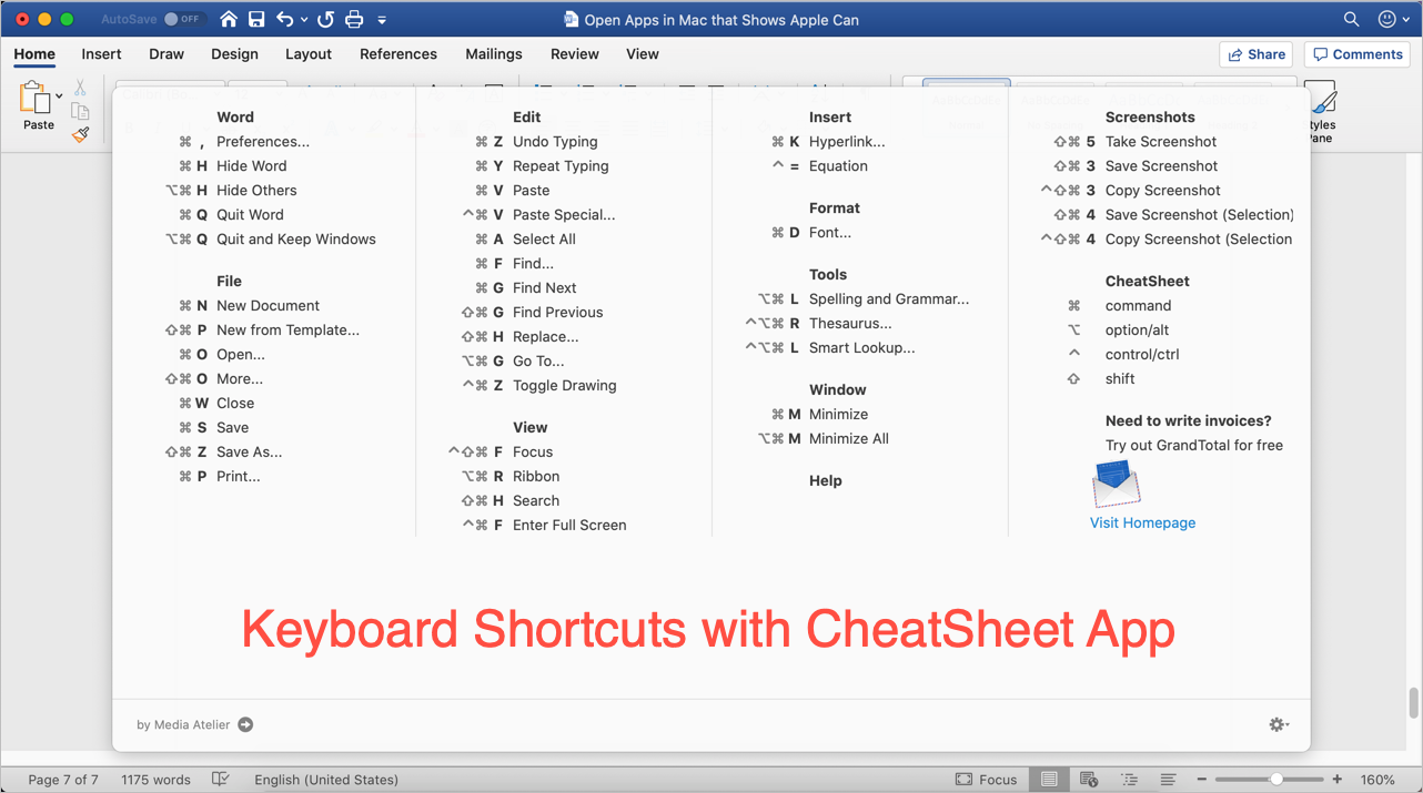 Keyboard Shortcuts with CheatSheet App