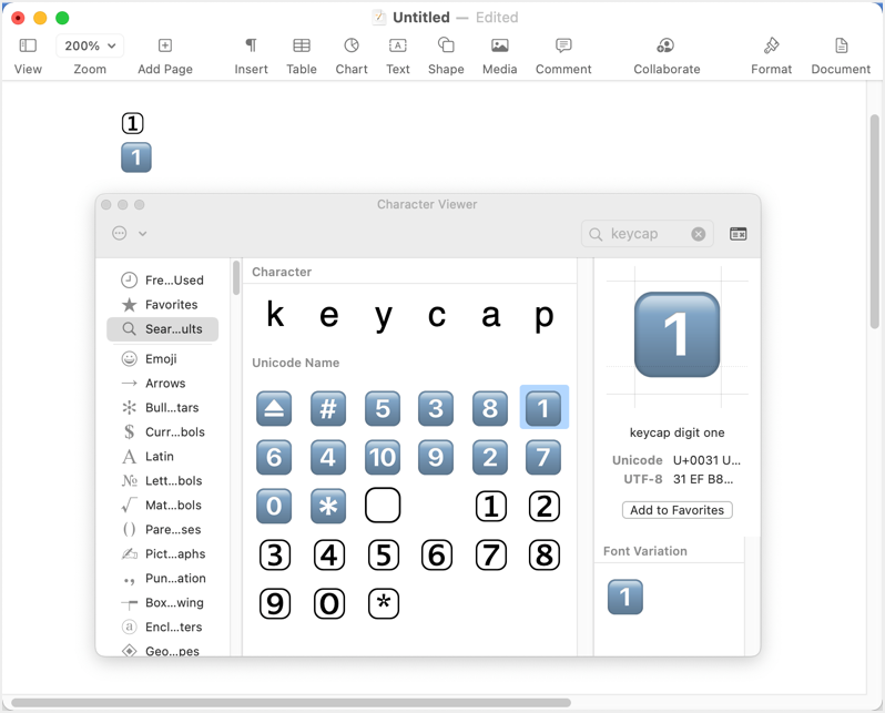 Keycap Emoji in Pages Mac