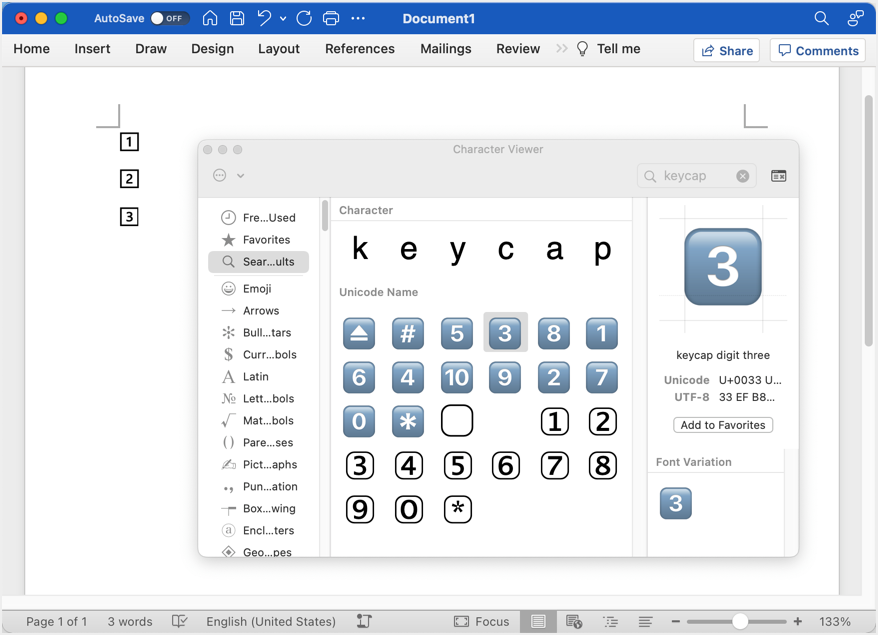 Keycap Emoji in Word for Mac