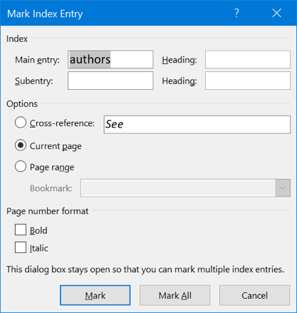 Mark Index Entry Options