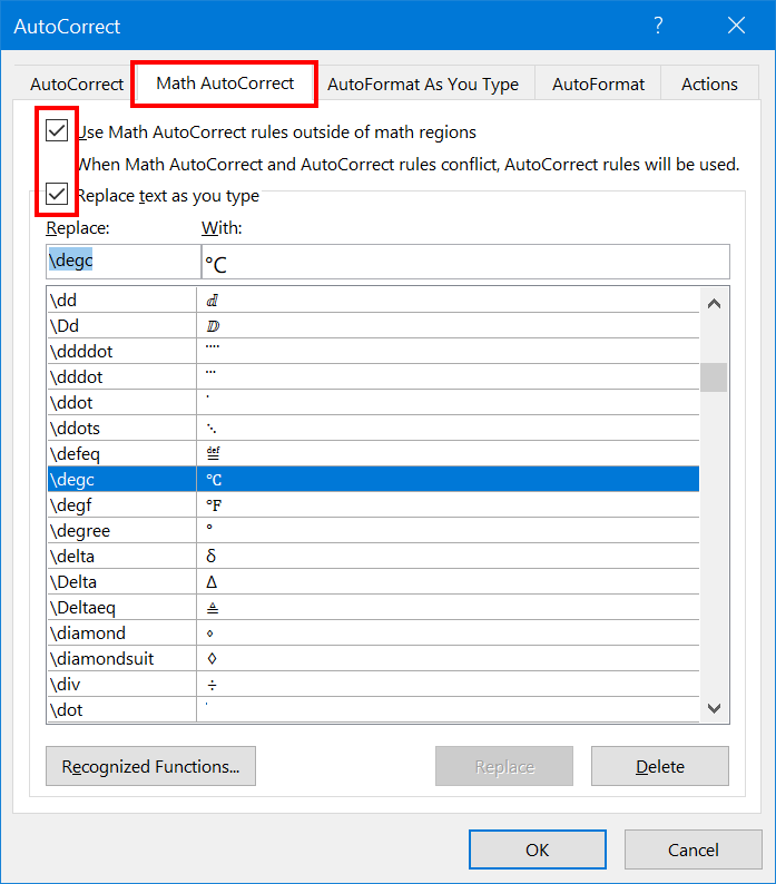 Math AutoCorrect Replacements in Word