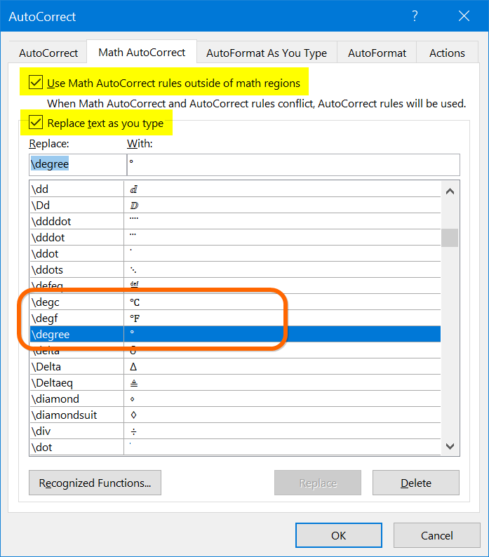 Math AutoCorrect Shortcut for Degree Symbol