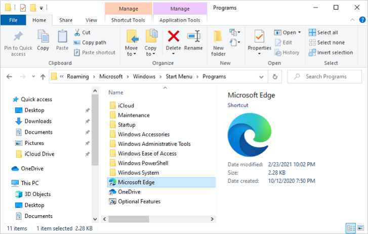 Microsoft Edge Shortcut in File Explorer