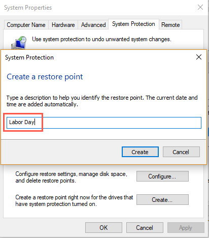 Enter Name for Restore Point