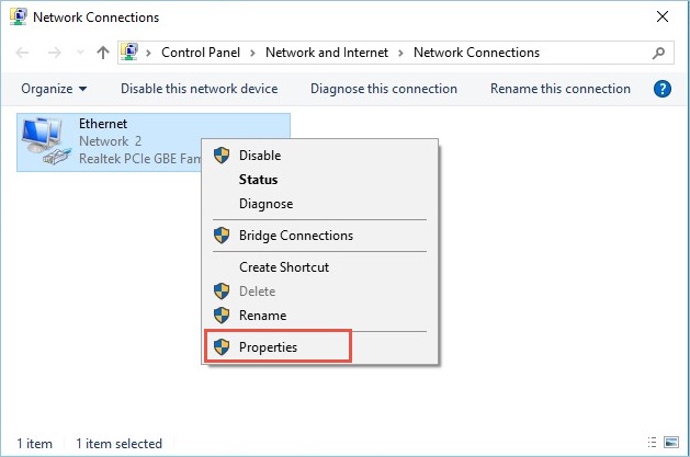 Network Connections Window Right Click