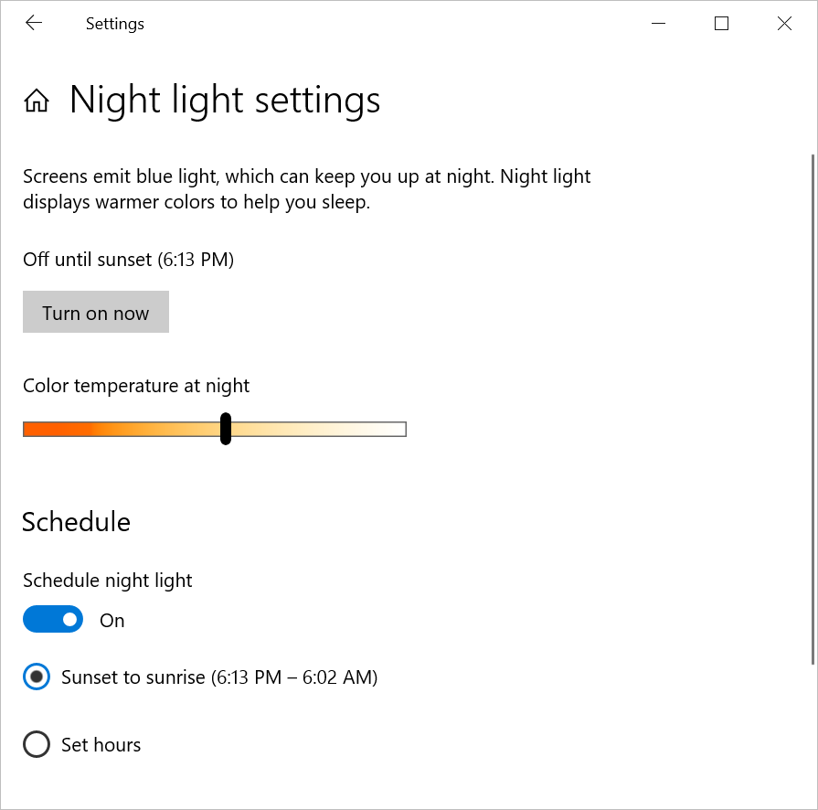 Night Light Settings in Windows 10