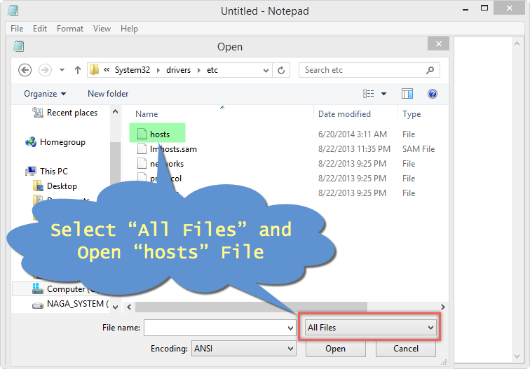 Open Hosts File in Notepad in Windows 8.1